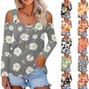 Women's Fashion Floral Print V Neck Long Sleeve Buttoned Off Shoulder Casual T Shirt Top