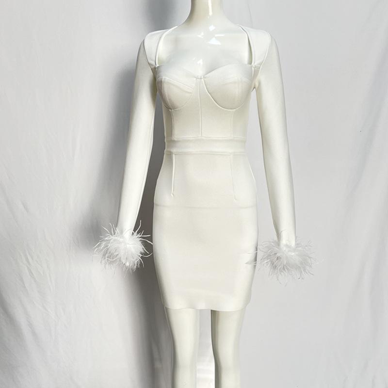 Новое вечернее платье с длинным рукавом и перьями в европейском и американском стиле с бандажной отделкой