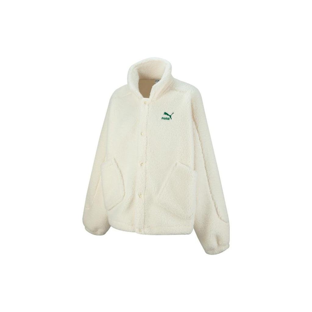 Puma Solid Color Logo Embroidered Faux Shearling Jacket Women Jacket Pure-White 539954-65
