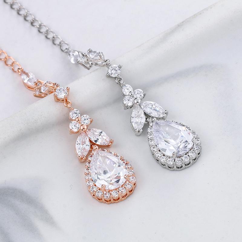 Weiman Rhodium Silver Plated Classic Style Halo Pear Cut Cubic Zirconia Pendant Brass Back Drop for Bridal Wedding Necklace