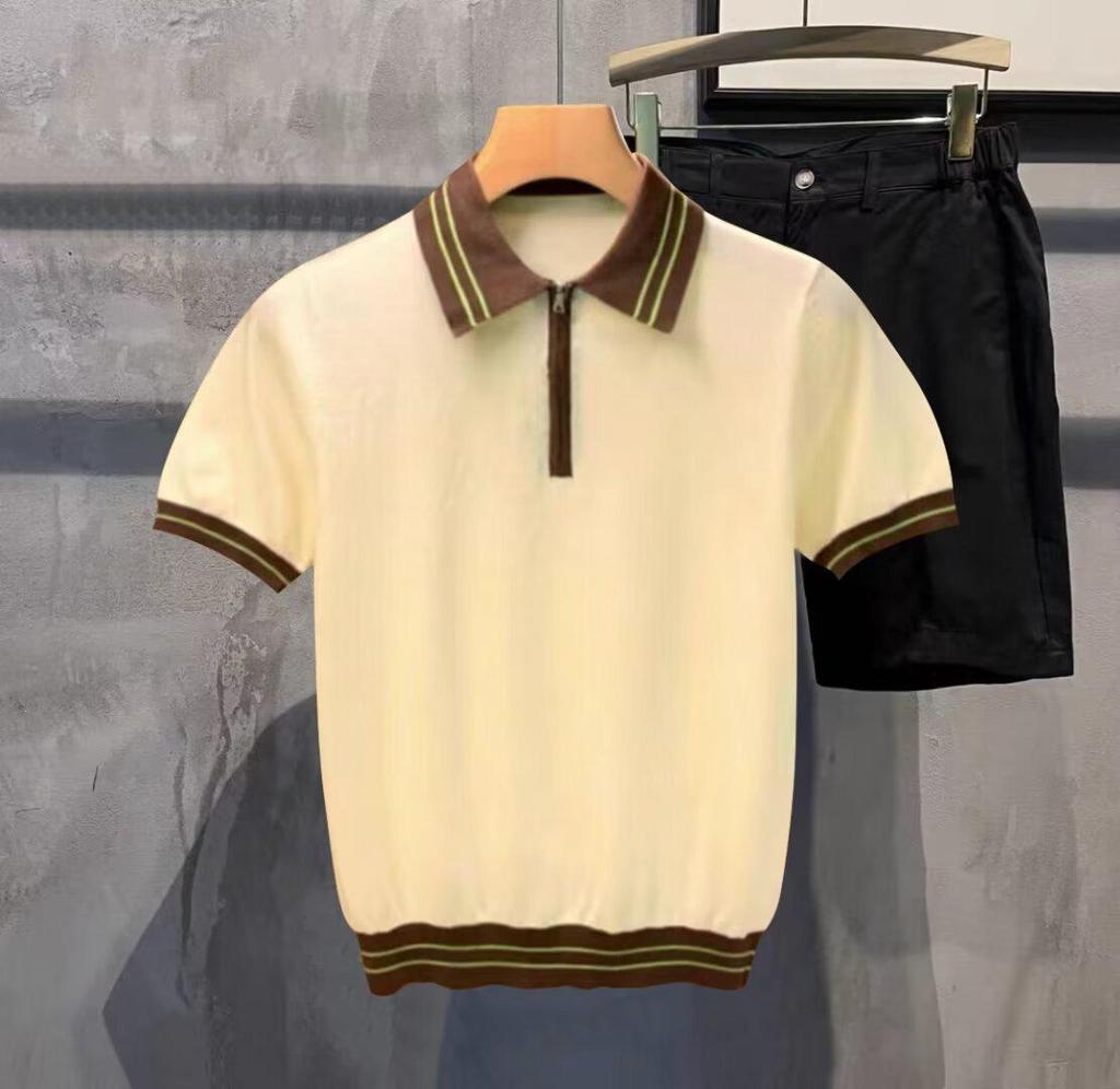 Мужская футболка-поло с коротким рукавом из ледяного шелка в корейском стиле на молнии до половины