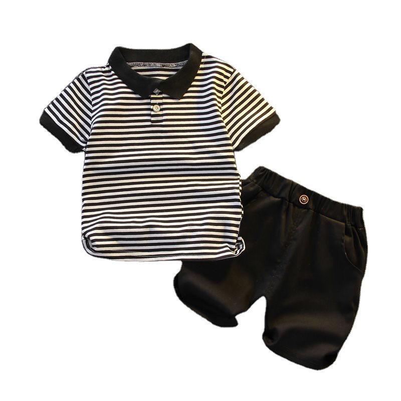 Boys' Trendy Summer Striped Polo Shirt & Shorts Set