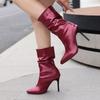 Sexy Women Ankle Boots Pointed Toe Thin High Heels 10cm Slip On Pleated 46 47 48 Fashion Party Lady Booties