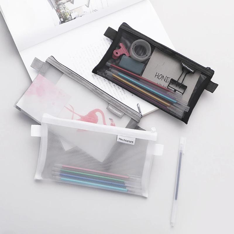 1 PCS Creative Mesh Transparent Cute Square Oval Portable Pen Pencil Pouch Bag School Office Supply Stationery Case Storage Bag