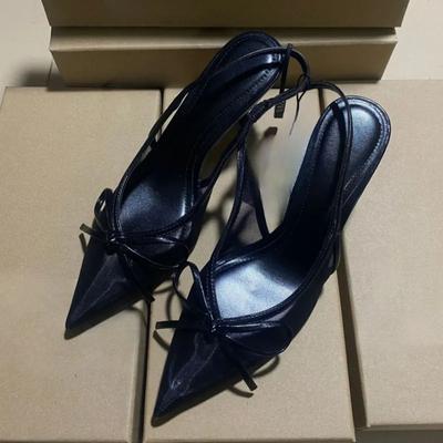 Летние Элегантные Сетчатые Женские Босоножки на Высоком Каблуке Сексуальные с Острым Носком Бант Вечернее Платье Слингбэк Офисные Туфли