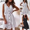 Ruffle Hem Dress Breathable Women Casual V Neck Holiday Loose Dress