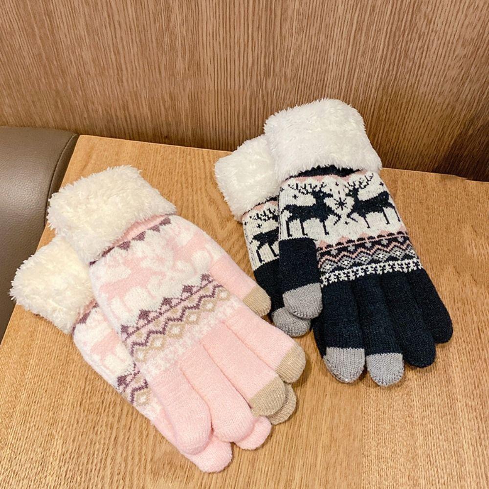 Wool Christmas Knitted Gloves Thickened Winter Mittens Simple Full Finger Gloves Women