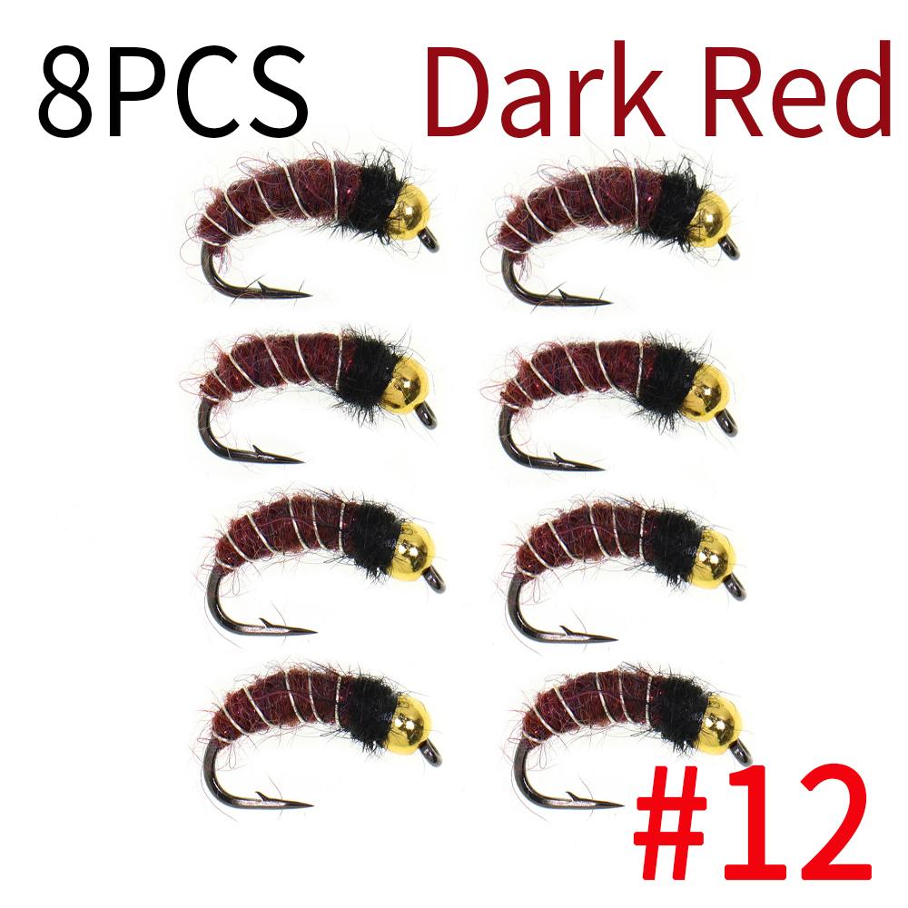 6/8 шт. 2 размеров Нимфа личинки ручейника с головкой из бусинки Реалистичный жук-бокоплав Червь для ловли форели и хариуса (Крючок с бородкой, Быстро тонущий)