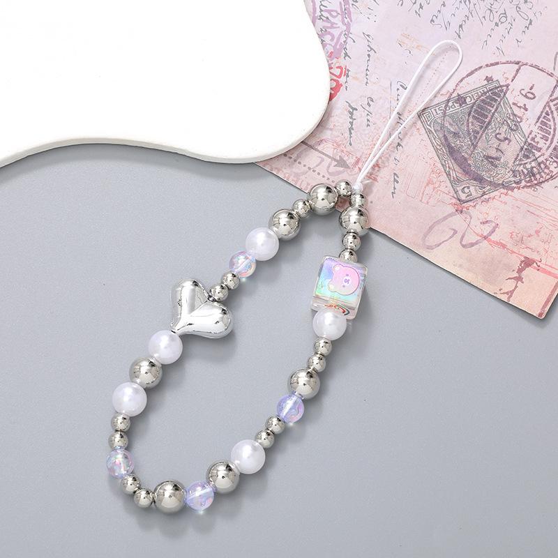 Korean Love Heart Beaded Phone Chain & Keychain Set for Women