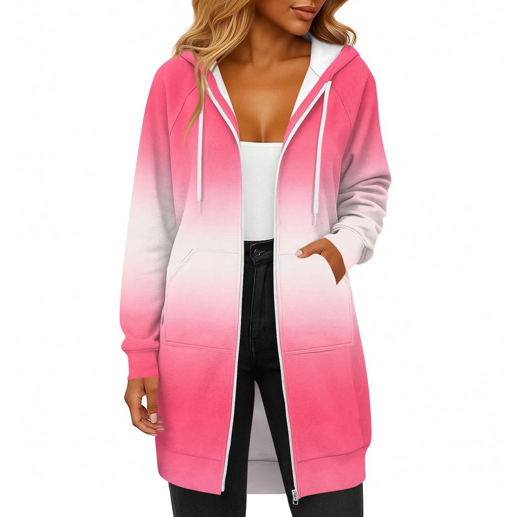 Women's Fashionable Printed Long Sleeved Drawstring Hooded Zipper Pocket Long Casual Sweatshirt Jacket