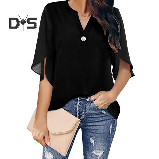 Women Tops V-Neck Button Decor Half Sleeve Chiffon Blouse Solid Color Loose Fit Breathable Shirt Tops Daily Wear