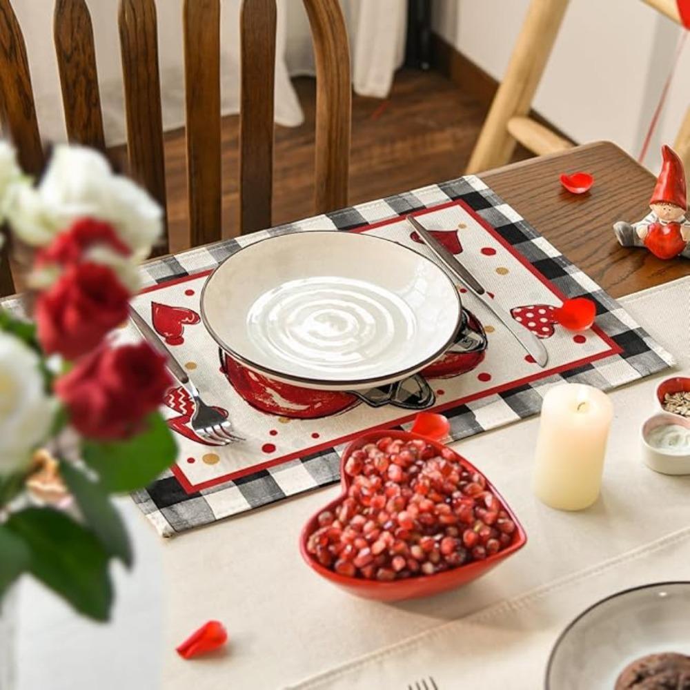Red Heart Buffalo Plaid Valentine's Day Placemats Table Runner Seasonal Bow Tie Table Mats for Party Kitchen Dining Decoration