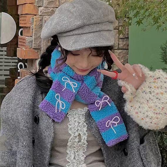 Japanese Korean Autumn Winter Girls' Lamb Wool Scarf Color Block Niche Dopamine Warm Neck Warmer