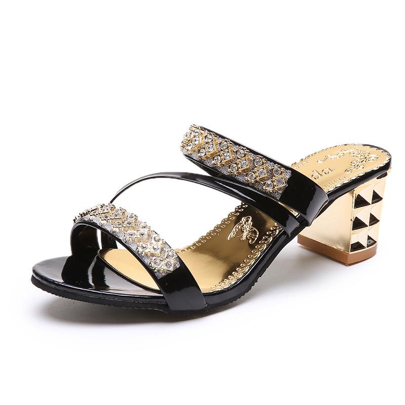 Fashion Summer New Women's Sandals and Slippers with Medium Heel Thick Heel Women's Slippers with Open Toe High Heel Rhinestones