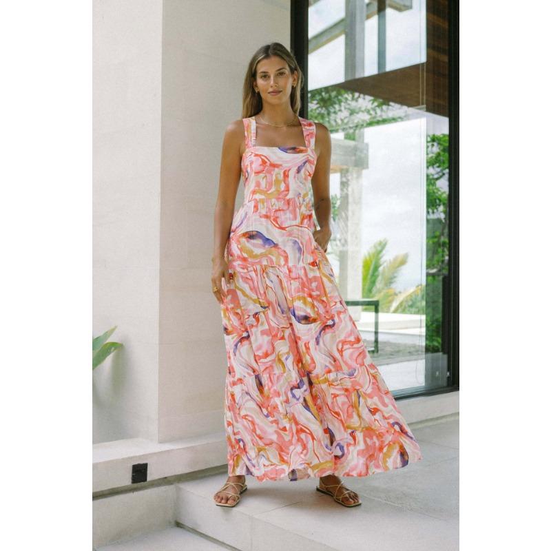 YYFS Женская мода лето весна цветочный узор принт без рукавов подтяжки с высокой талией повседневные платья