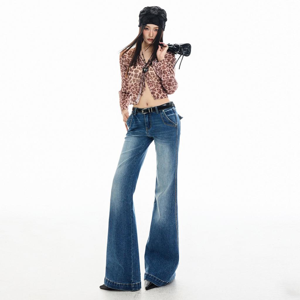 American Spice Girl Low Waist Skinny Pocket Guns Flower Design Retro Washed Elastic Micro Pull Jeans Women