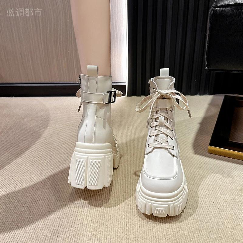 Модные женские ботильоны 9 см Новые женские ботинки на платформе Короткие кожаные ботинки Высокий каблук Зимние теплые плюшевые Массивные ботильоны Меховая зимняя обувь для снега Женские