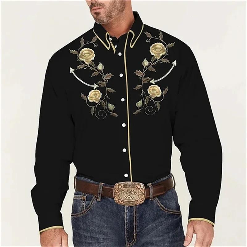 Western Embroidered Long Sleeve Shirt, Trendy Men's Casual Shirt