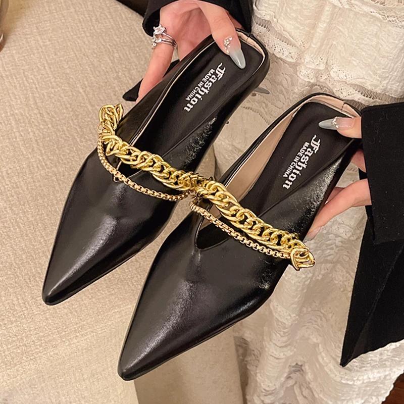 Pointed Toe Women's Slippers Chain Flats Fashion Mules Shoes Summer Woman 2025 New Designer Sandals Cozy Walking Chaussure Femme