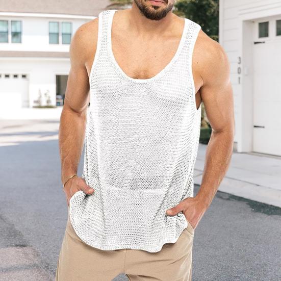 Men Summer Knitted Tops O-neck Sleeveless Solid Color Loose Fit Pullover Tops Stretchy Vest Streetwear