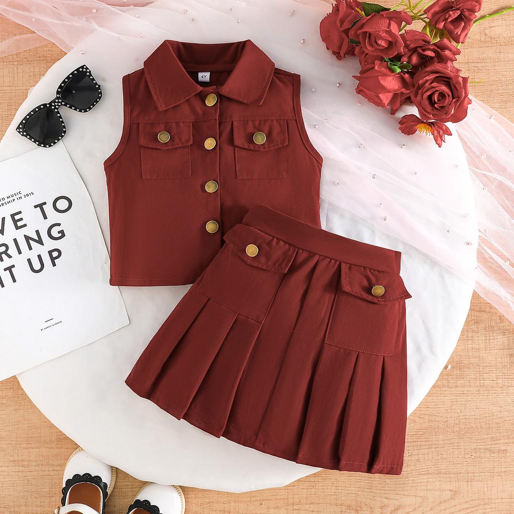 Girls' Pink Vest & Pleated Skirt 2Pcs Casual Outfit