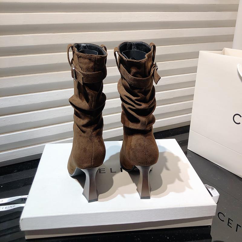 fashion Vintage Women Mid Calf Boots Fashion Pointed Toe Modern Booties Autumn Winter Thick Heel Ladies Shoes Botas Mujer