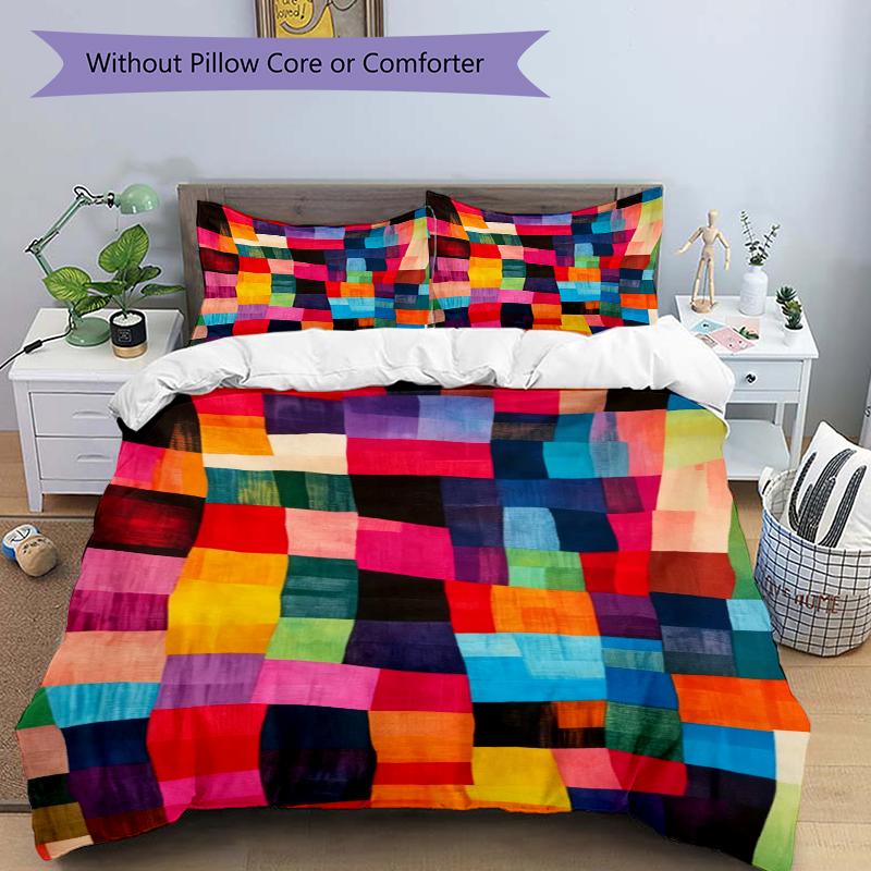 3Pcs Colorful Abstract Squares Bedding Set Quilt Cover Pillowcase Home Christmas Xmas Halloween Gift 1 Duvet Cover 2 Pillowcase M924208