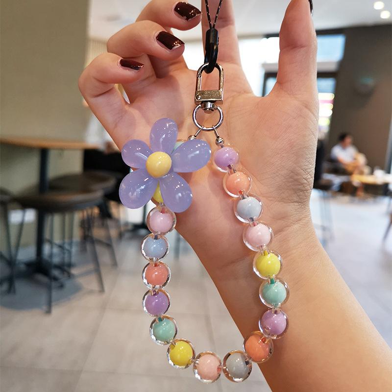 Шнурок против потери для телефона, ключей, короткий браслет, кулон, красочный кулон из круглых бусин-макарон, женская ручная цепочка, шнурок для мобильного телефона