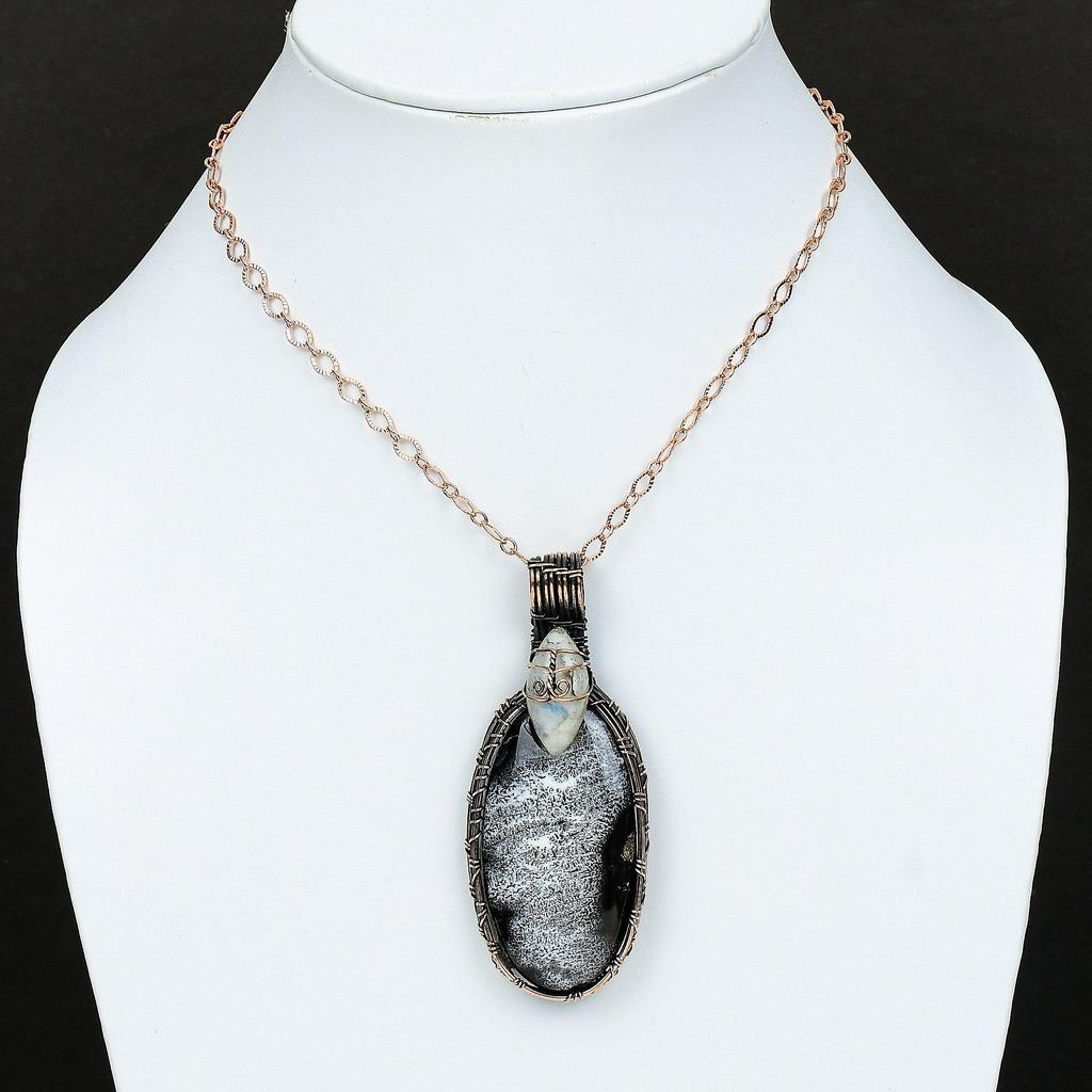 Кулон из дендритового опала, кулон, обмотанный медной проволокой, ювелирное изделие с драгоценным камнем радужного лунного камня, кулон ручной работы в стиле бохо, ювелирное изделие из медной проволоки, подарок для него