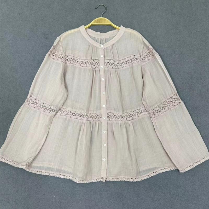 Johnature Японские тонкие кружевные рубашки с длинными рукавами, осенние повседневные простые свободные повседневные топы для женщин