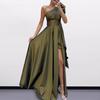 Women Evening Dress High Slit One Shoulder Sleeveless Pleated High Waist Irregular Pure Color Cocktail Wedding Party Banquet Maxi Dress Ball Gown