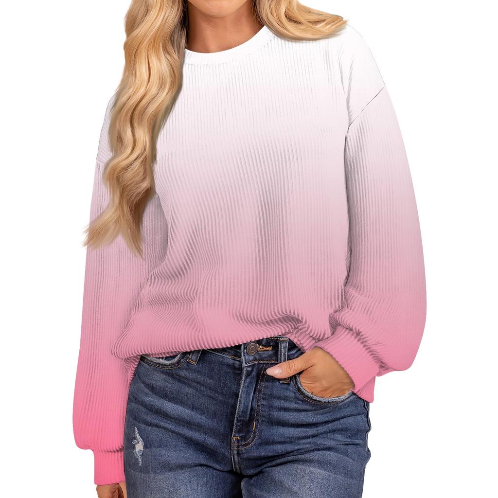 Женские повседневные свободные туники, топы с круглым вырезом, трикотажные ребристые рубашки с принтом, длинный рукав, пуловер, топ