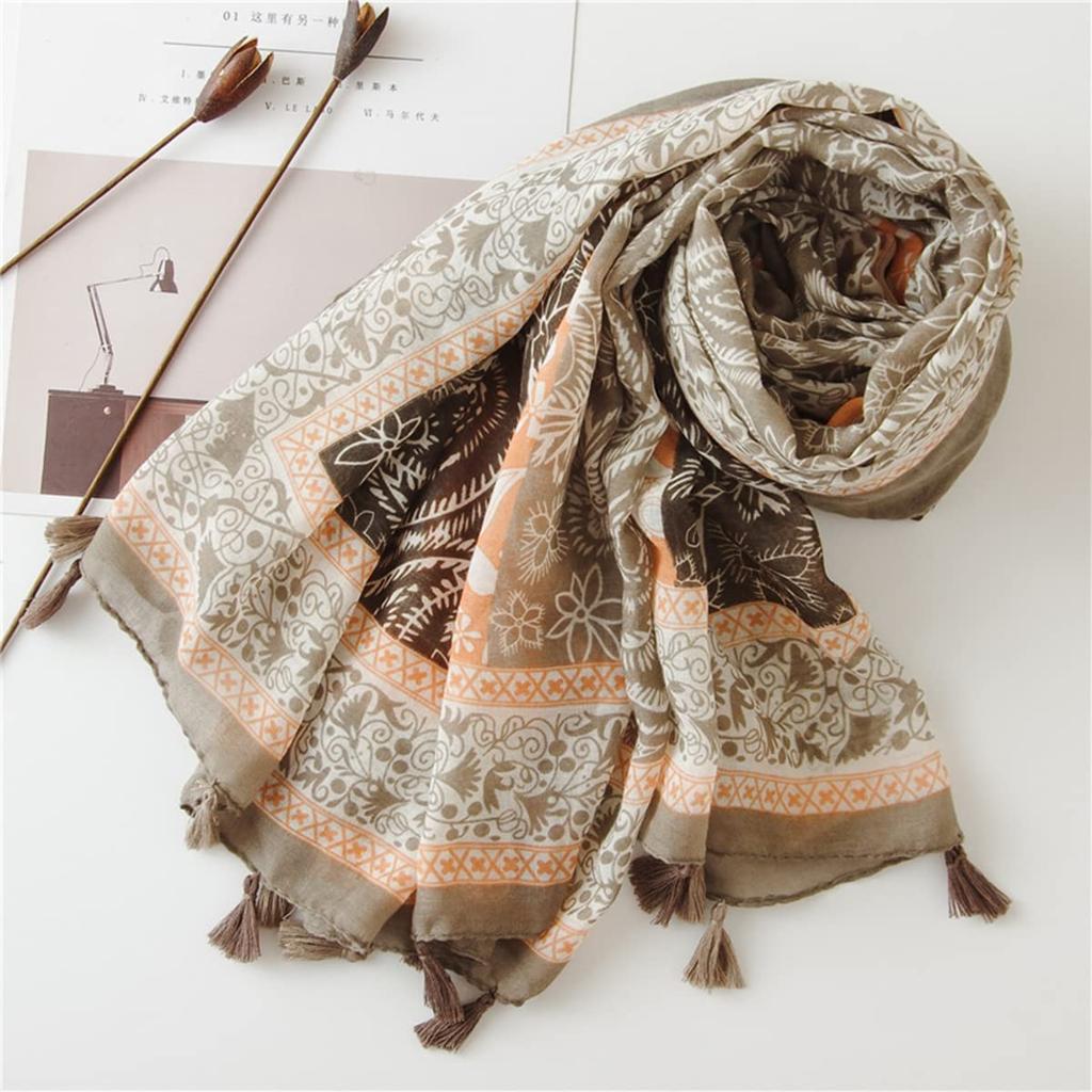 Large Ethnic Paisley Pattern Scarf Shawl with Sun UV UV Protection FT34814 [Eternal Leaf] Women's Tassels, Protection, Protection, (04.LS017O)