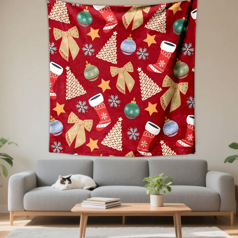 Christmas Patterns with Bow and Stockings Patterned Tapestry Decorative Wall Hanging, Home Bedroom Living Room Decor