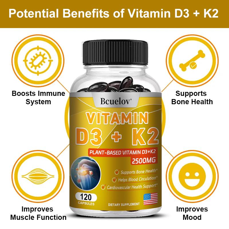 Bcuelov plant-based vitamin D3+K2 capsules 2500mg containing calcium and multiple vitamins to enhance immunity 120 capsules