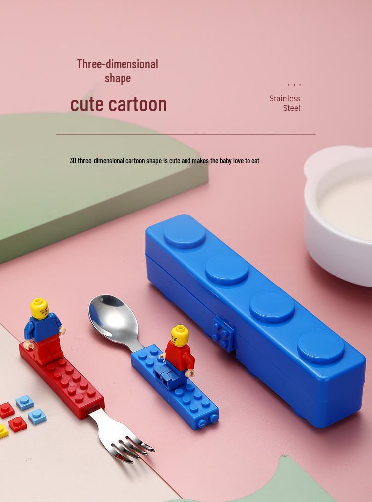 Children's Portable 304 Stainless Steel Tableware Set: Cartoon Building Block Lunch Box with Spoon & Fork.