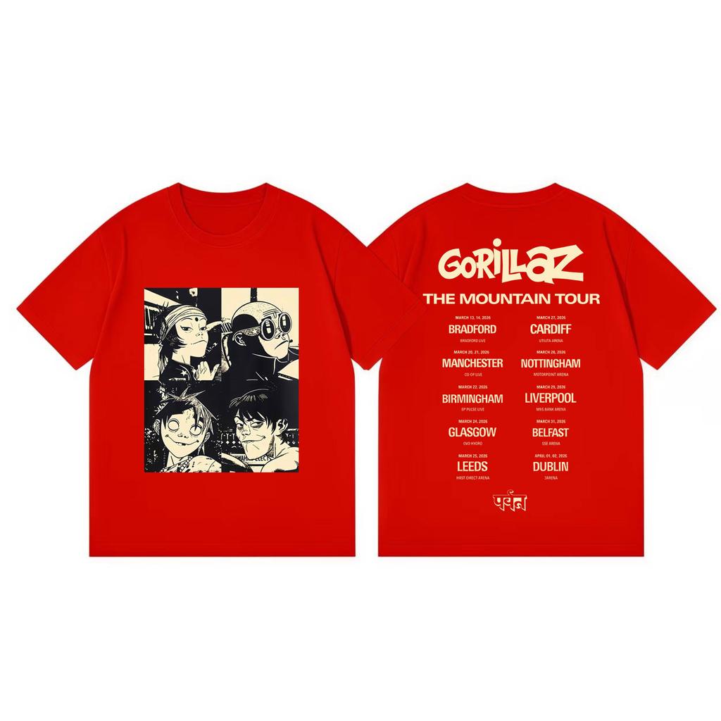 Рок-группа Gorillaz Футболки с графикой The Mountain Tour 2026 Модные Винтажные Футболки с коротким рукавом Унисекс Женские Повседневные Свободные Футболки