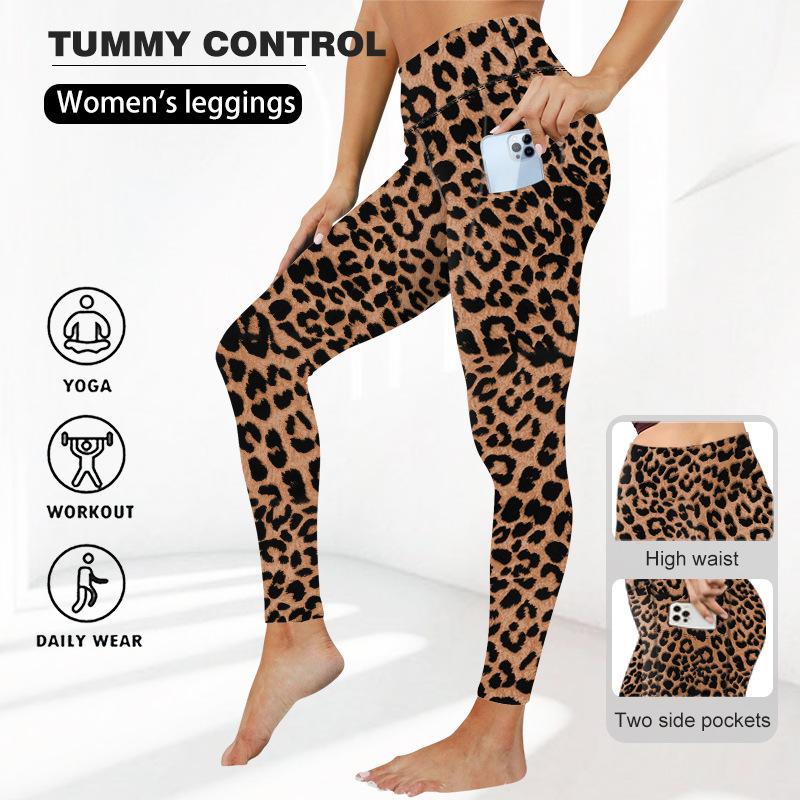 Sports Yoga Long Pants Fashionable Slim-fit Pocket Leopard-print Fitness Leggings High-waisted Butt-lifting Leggings
