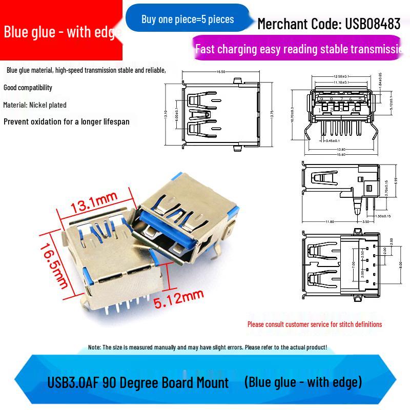 USB 3.0 Type A Male to Female 90/180 Degree and Type B Female Square Port Connector
