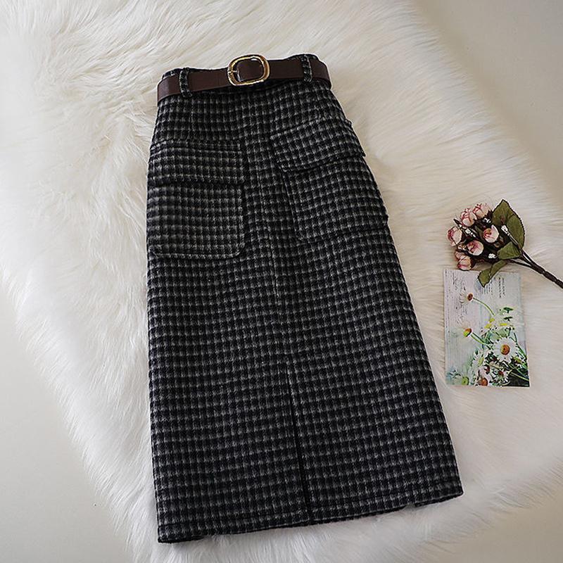 Шерстяная клетчатая юбка, женские юбки средней длины с высокой талией и карманами, разрезом, женские корейские модные одношаговые шикарные юбки Faldas