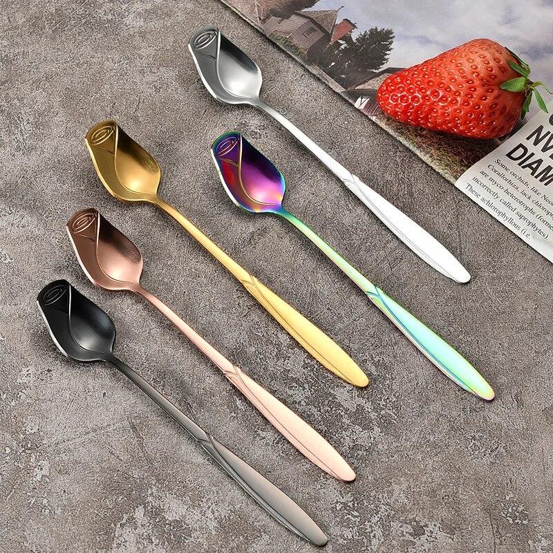 Long Handle Coffee Spoon Stainless Steel Rose Stirring Spoon Unusual Flower Scoop Tiny Teaspoon for Dessert Ice Cream Nice Gift