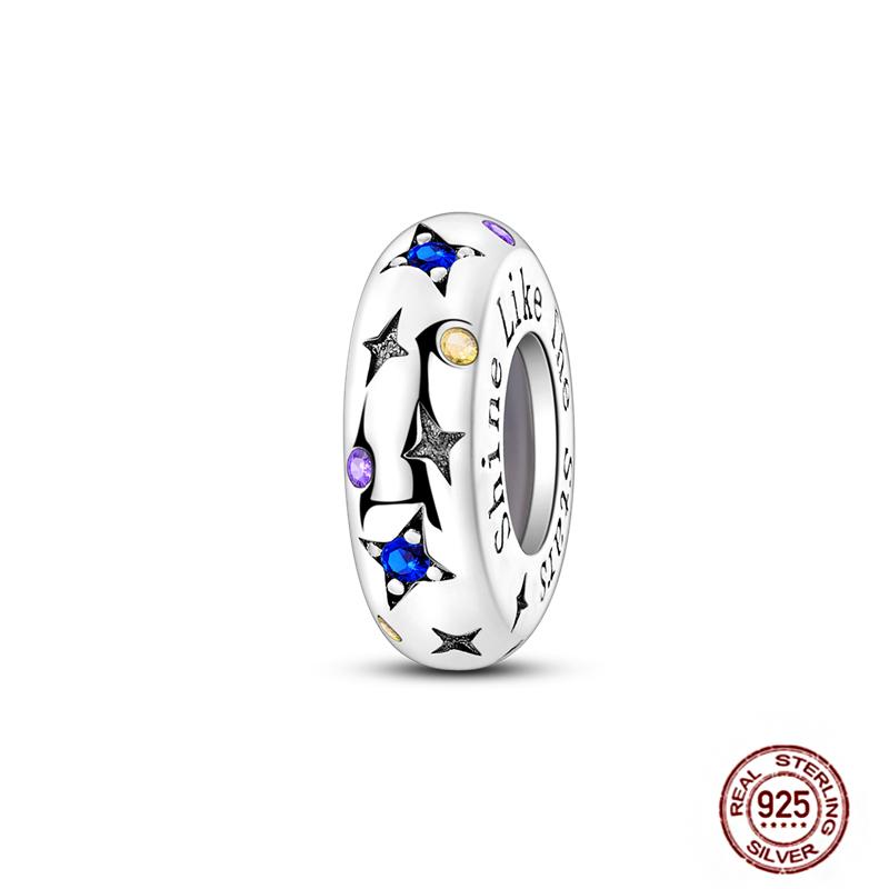 Round 925 Copper Clasp Pave Clip Charms Blue Star Moon Butterfly Slide Safety Chains Spacer Beads Fits Original Bracelet Zircon