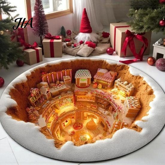 Holiday Home Decor 3D Illusion Christmas Rug, Round Xmas Tree Area 24" 47" Festive Accent Rug Santa Claus Snowman Floor Mat for Living Room