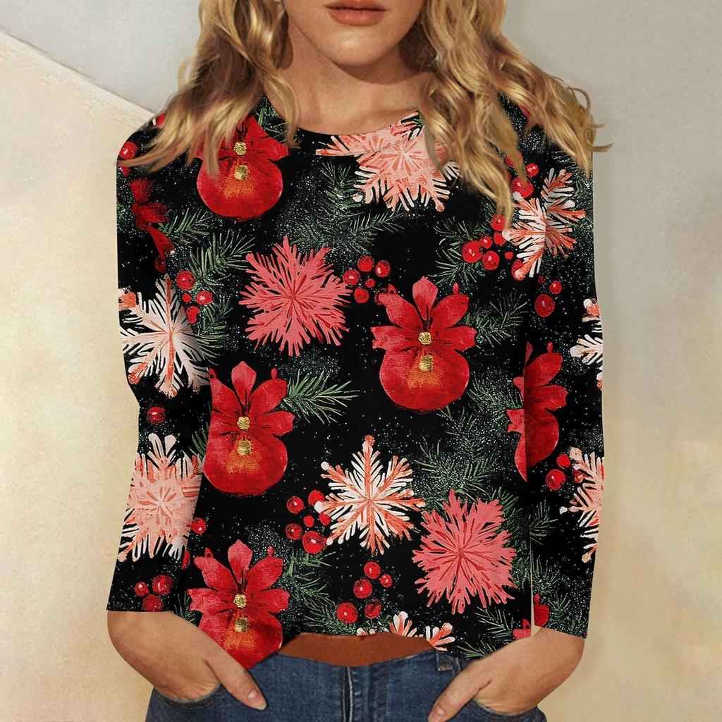 Женская мода повседневный рождественский принт круглый вырез длинный рукав пуловер топ