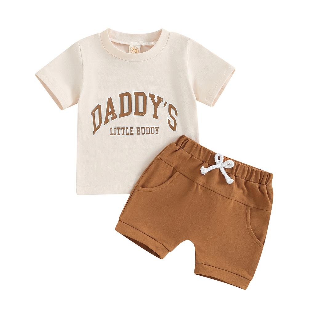 Toddler Boy Summer Clothes Letter Print Short Sleeve T-Shirt with Elastic Waist Solid Color Shorts 2Pcs Outfit