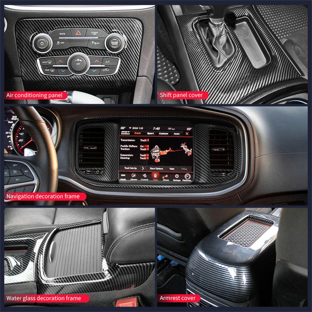 Черные аксессуары для интерьера из углеродного волокна для Dodge Charger 2015-2025 Комплект из 5 шт.: Крышка-защита панели центральной консоли, воздуховодов, рычага переключения передач