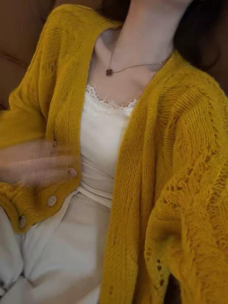 Sweet Temperament V-neck Knit Cardigan - Women's Korean Style Slimming Camisole Cover-up for Spring and Autumn