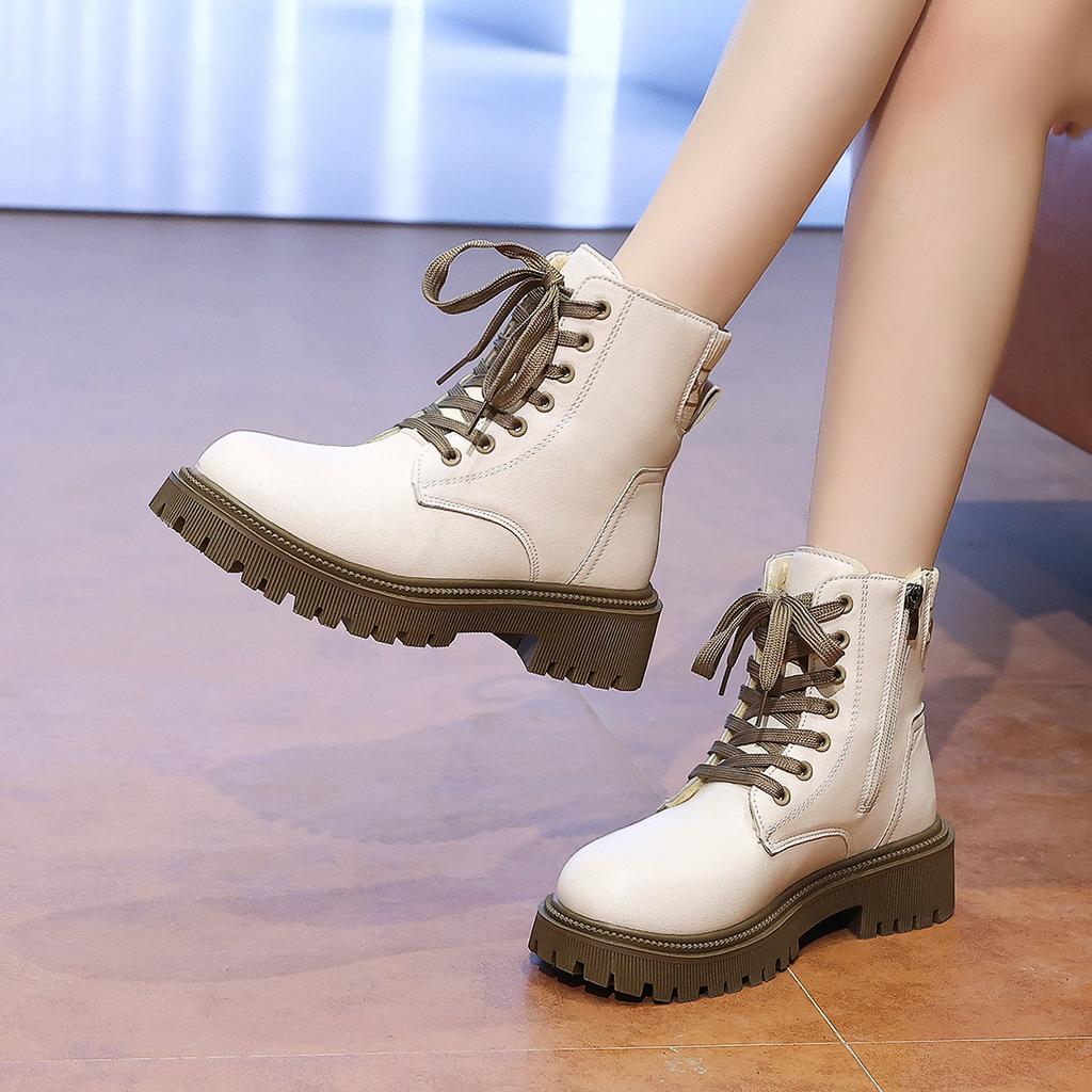 2025 New Thick Sole Women's Boots Large Size Women's Shoes Black Keep Warm Fleece Platform Lace-up Ankle Boots 4875