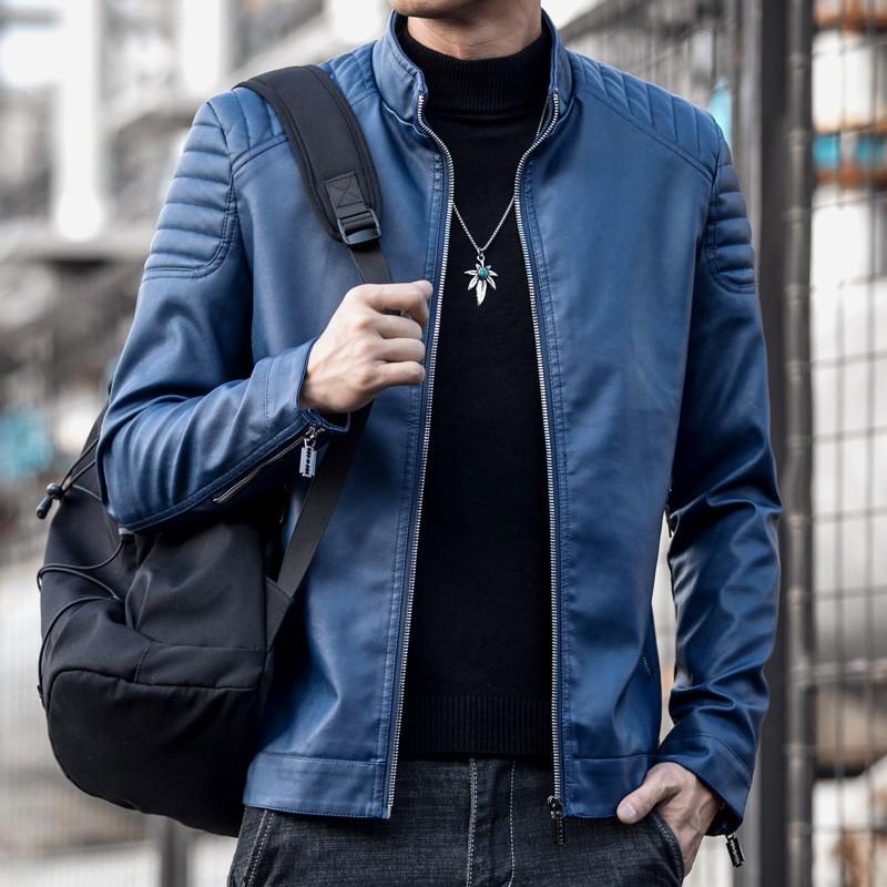 Mens PU Leather Jacket Trendy Stand Collar Biker Coat Slim Fit Casual Fall Top