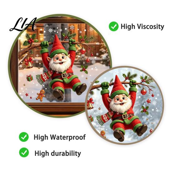 Static Glass Stickers Cute Gnome Christmas Window Cling, Removable Decal with Holly Bell Clings Gingerbread Snowflake, Holiday Decor for Home